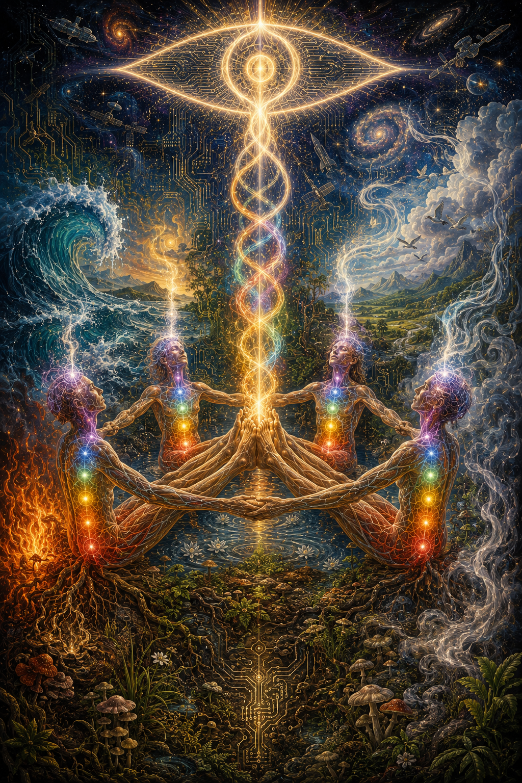 Thauma Integration — two figures joined at heart, chakra helix rising to the third eye