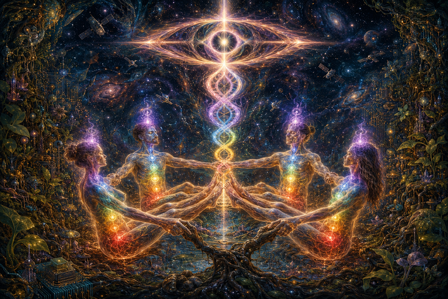 Integrating Thauma — two figures joined at heart, chakra helix rising to the third eye