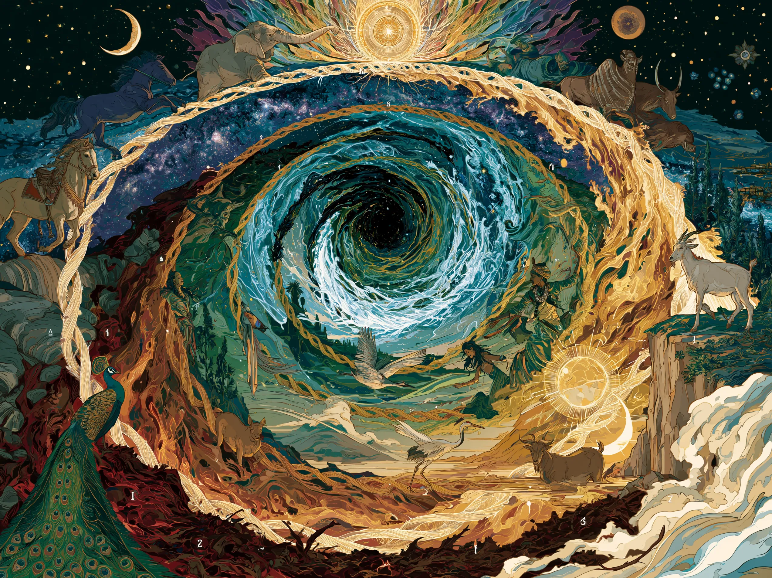 The Octave of Evolution — seven animals and their energies arrayed around a spiral of light, mapping the arc from root to crown that these rites traverse